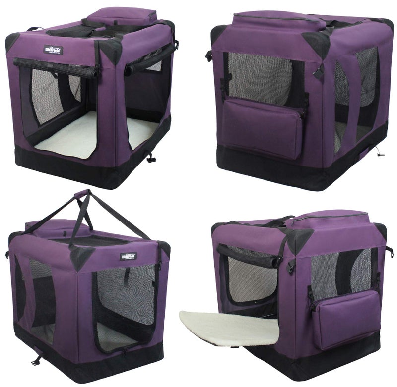 EliteField 3-Door Folding Soft Dog Crate with Carrying Bag and Fleece Bed (2 Year Warranty), Indoor & Outdoor Pet Home (20" L x 14" W x 14" H, Purple) - Image 3